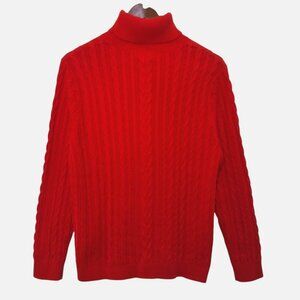 Lands End Womens Red Cable-Knit Mock-Neck Sweater L/P 14-16 100% Cotton NWOT
